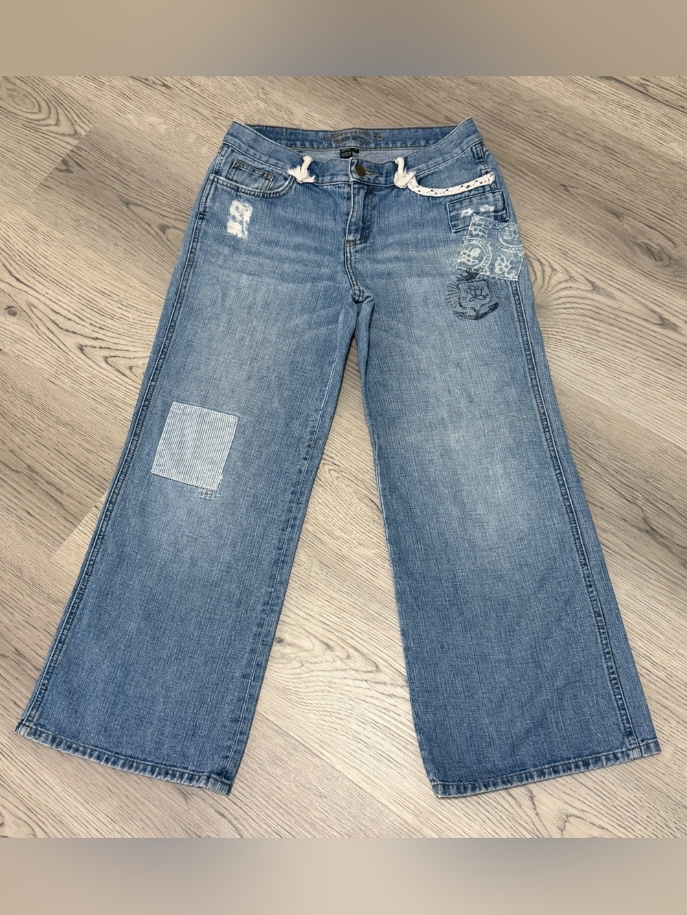 Ralph Lauren Wide Leg Ankle Denim Jeans Patchwork Rope Belt Loops Lace Size 2P